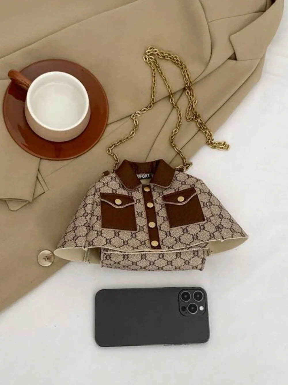 Brown Patterned Jacket-Style Crossbody Bag